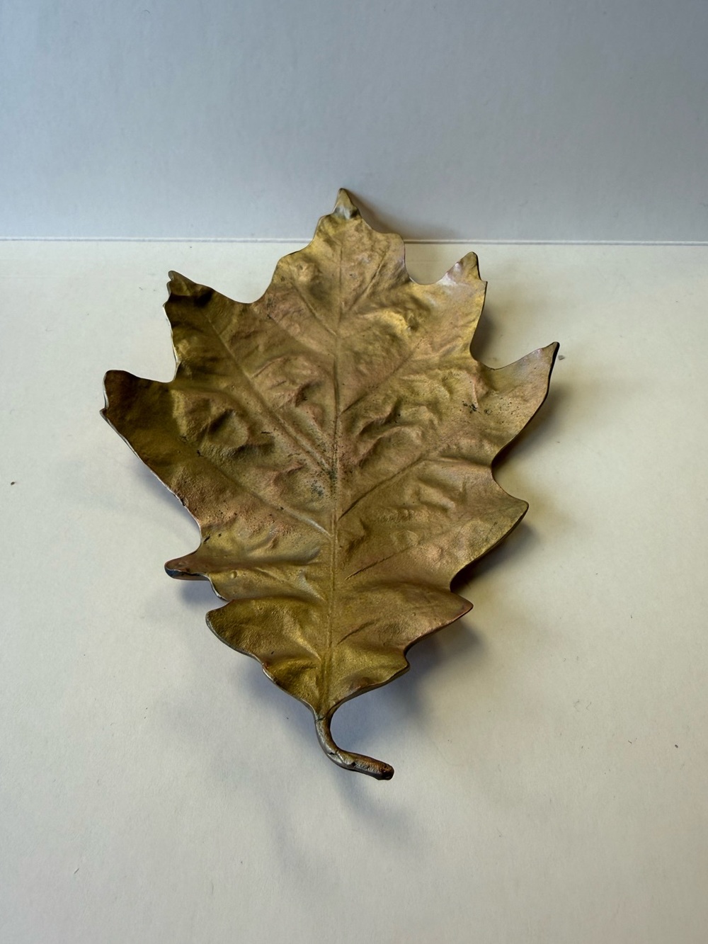 Heavy Bronze Oak Leaf Decorative Dish Covered in Gold Signed Table Art.